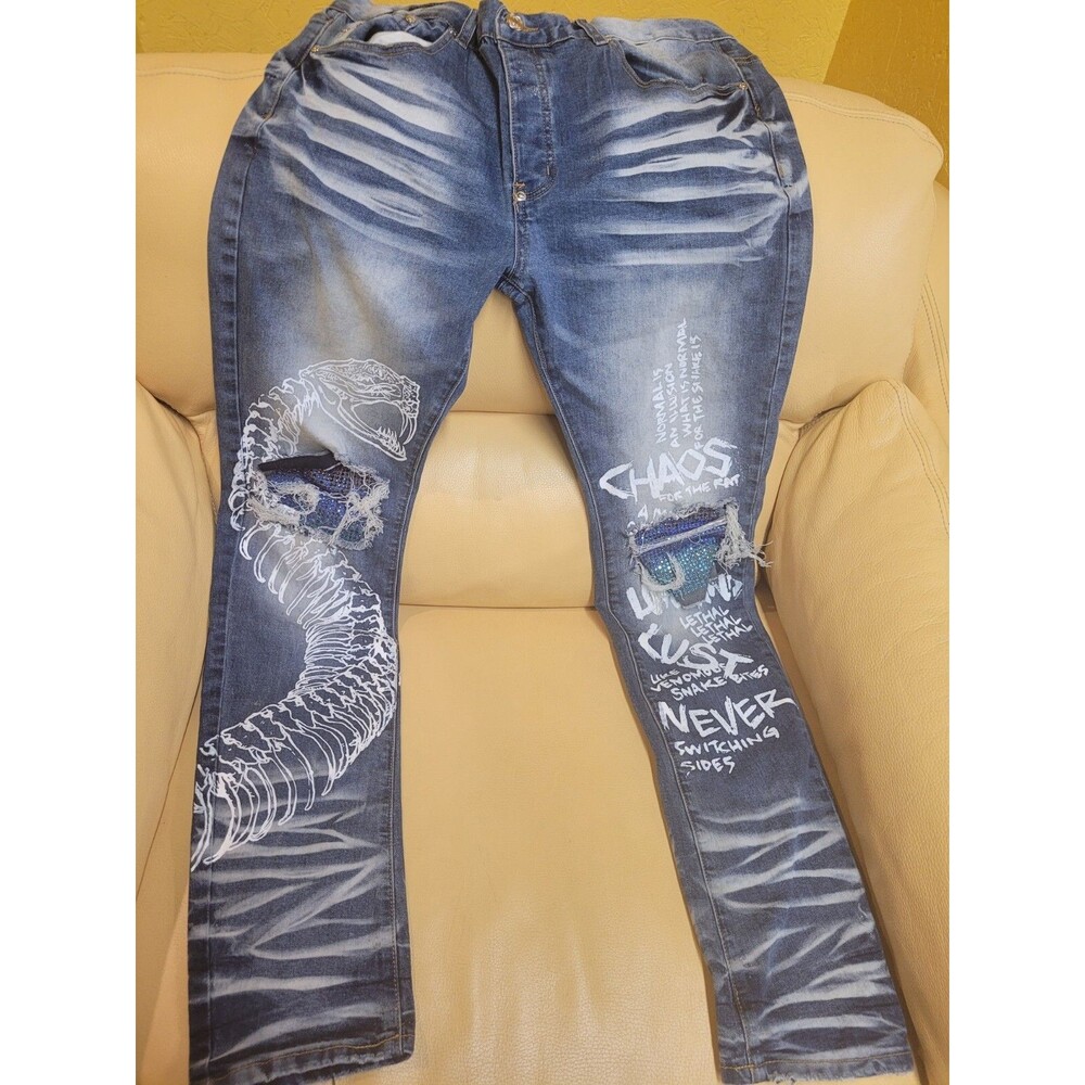 MacKeen Jeans Mens 36x34 Blue Art MK 200 Graffiti Stretch Whiskers Slim Street